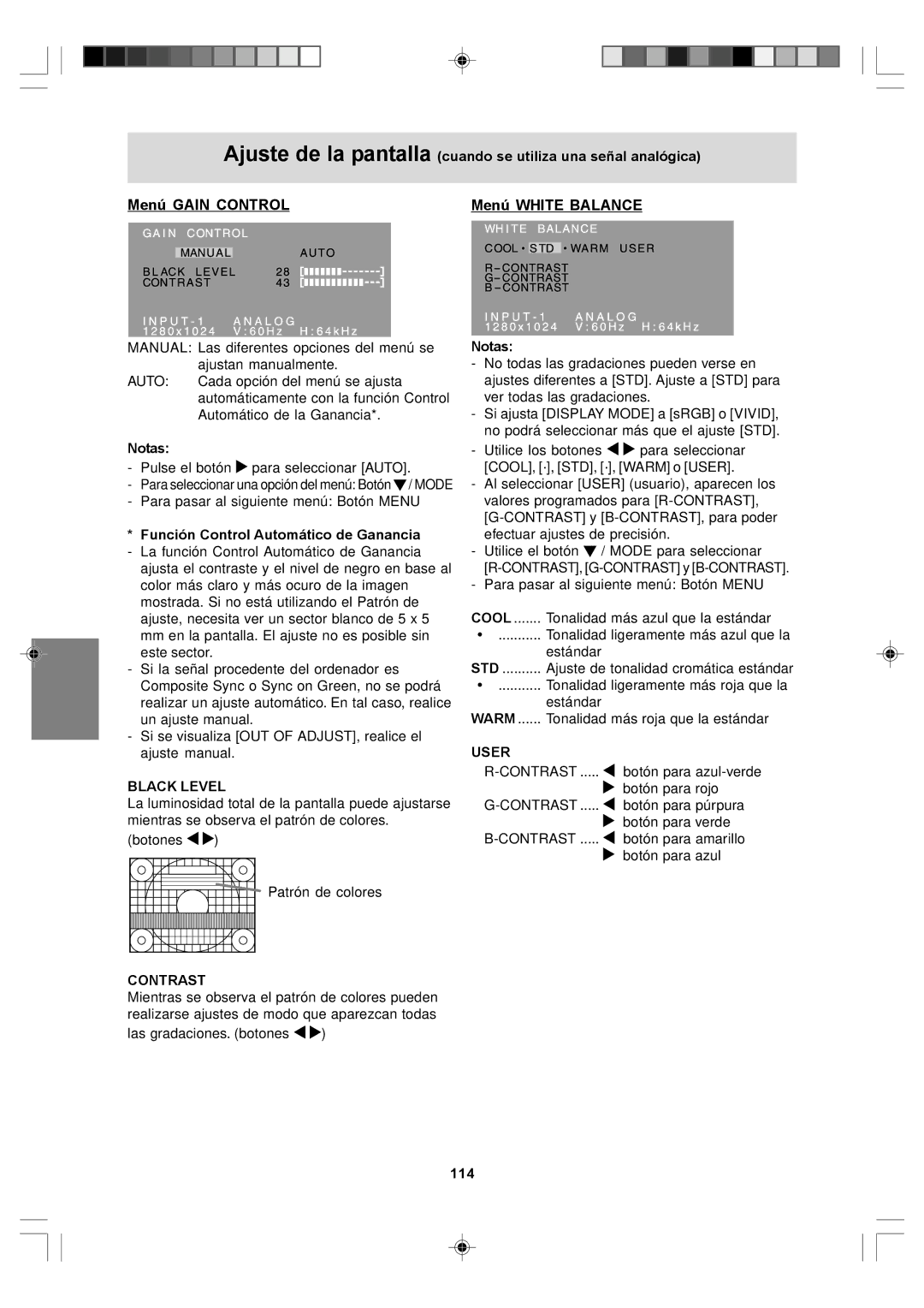 Sharp LL-T17A4, LL-T17D4 operation manual Menú Gain Control Menú White Balance, Función Control Automático de Ganancia, 114 