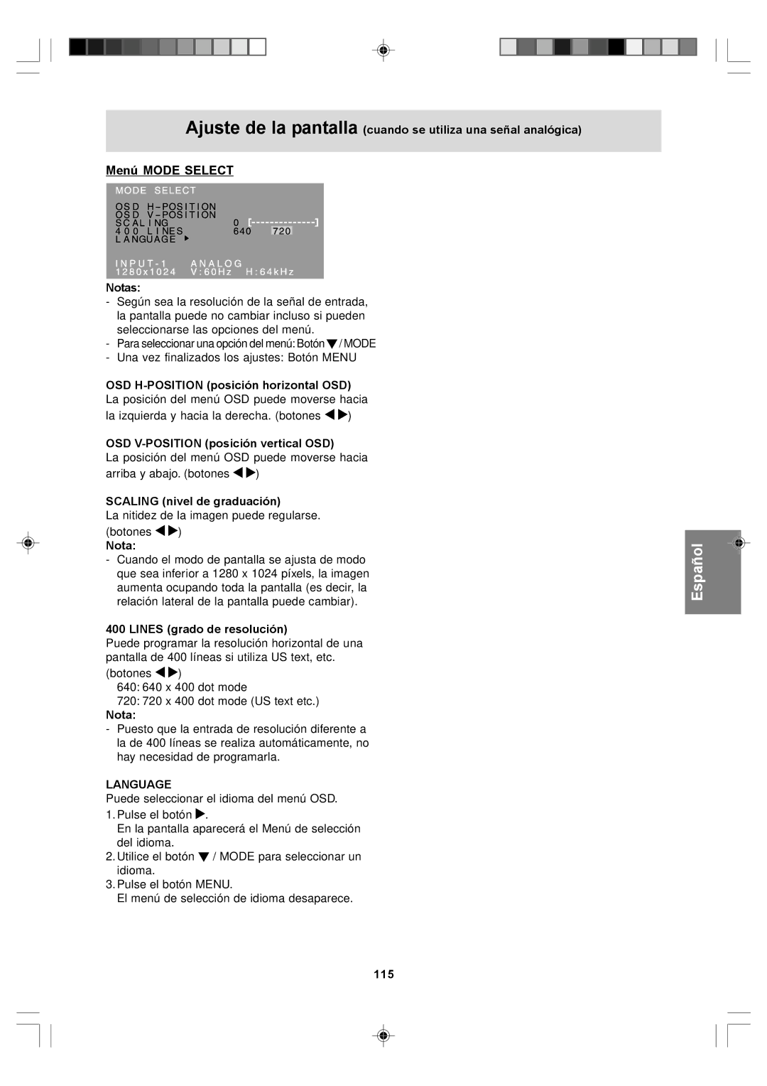 Sharp LL-T17D4, LL-T17A4 Menú Mode Select, OSD V-POSITION posición vertical OSD, Scaling nivel de graduación, 115 