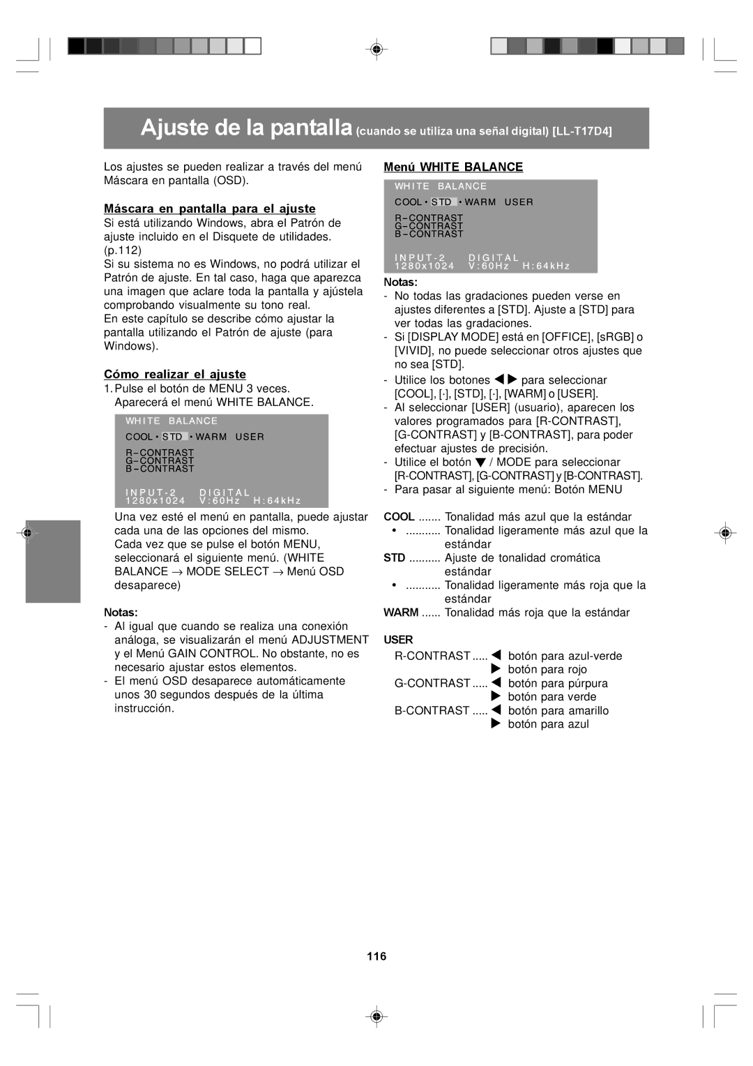 Sharp LL-T17A4, LL-T17D4 operation manual Máscara en pantalla para el ajuste, 116 