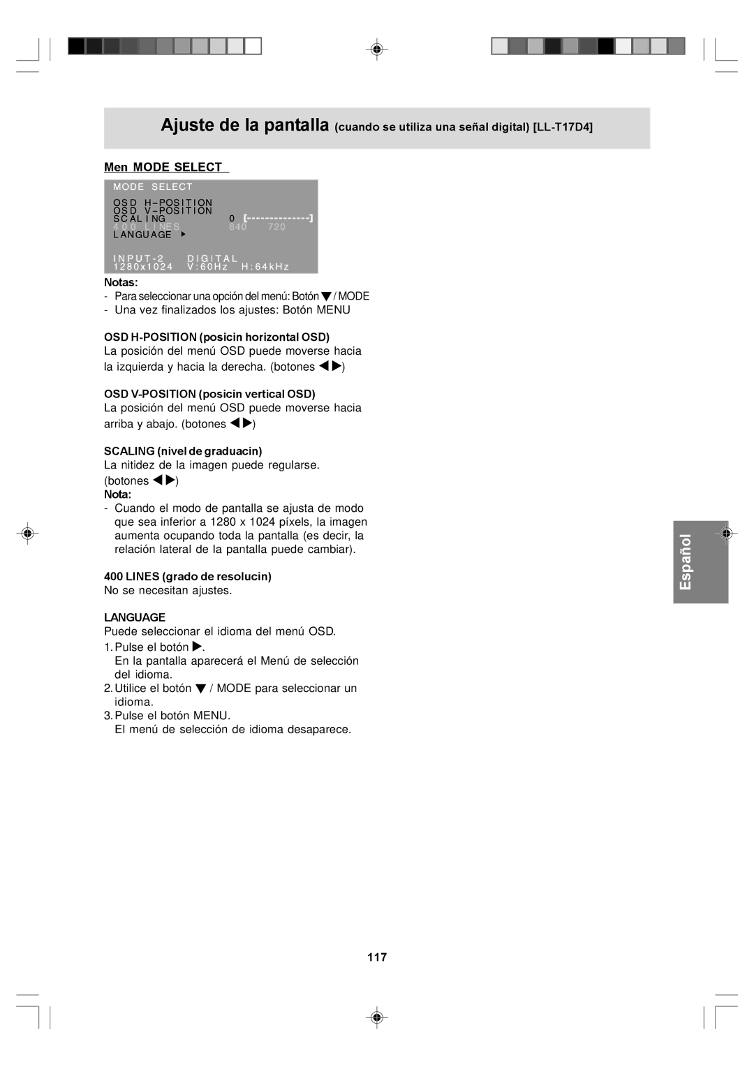 Sharp LL-T17D4, LL-T17A4 OSD H-POSITION posición horizontal OSD, Lines grado de resolución No se necesitan ajustes, 117 