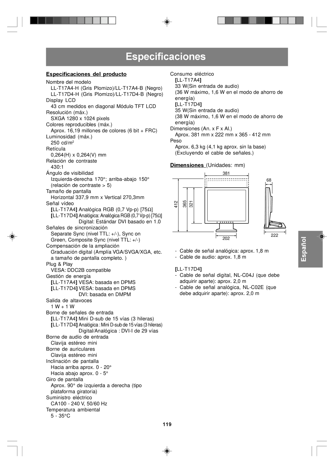 Sharp LL-T17D4, LL-T17A4 operation manual Especificaciones del producto, 119 