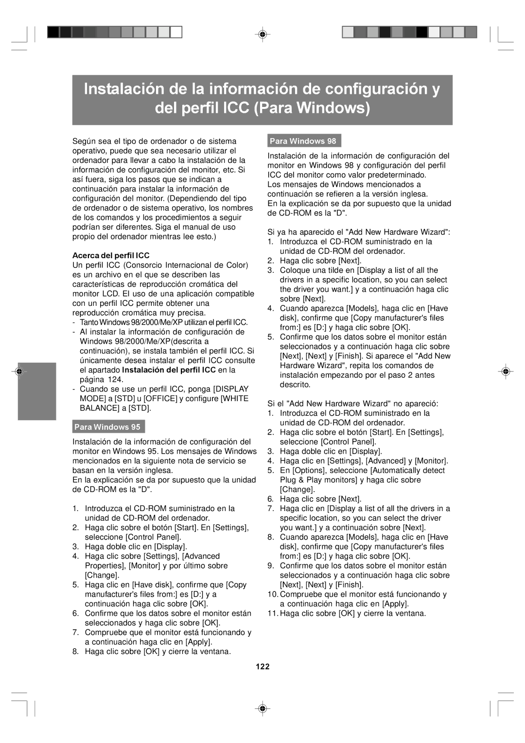 Sharp LL-T17A4, LL-T17D4 operation manual Acerca del perfil ICC, Para Windows, 122 