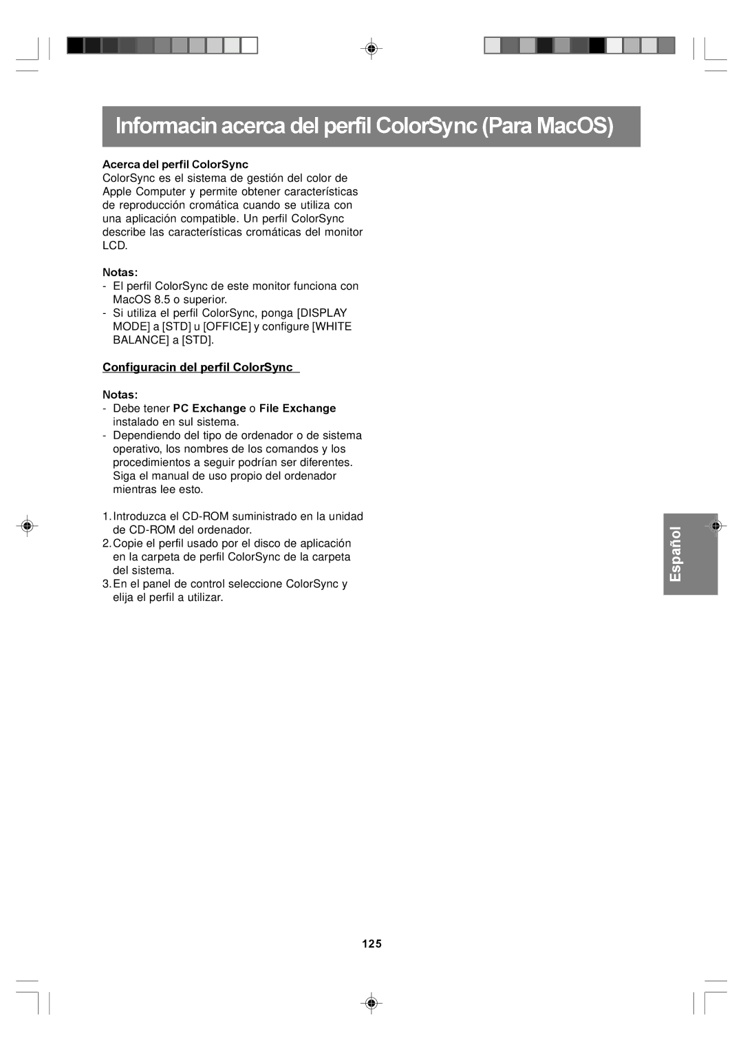 Sharp LL-T17D4, LL-T17A4 operation manual Configuración del perfil ColorSync, Acerca del perfil ColorSync, 125 