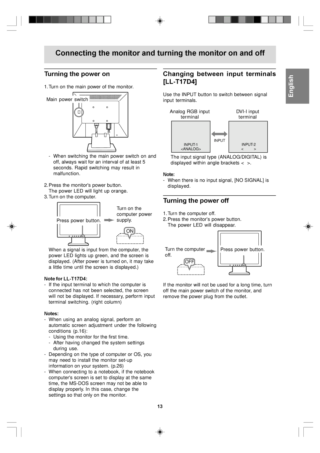 Sharp LL-T17A4 operation manual Turning the power on, Changing between input terminals LL-T17D4, Turning the power off 