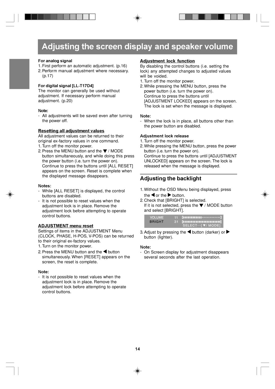 Sharp LL-T17A4 Adjusting the screen display and speaker volume, Adjusting the backlight, Resetting all adjustment values 