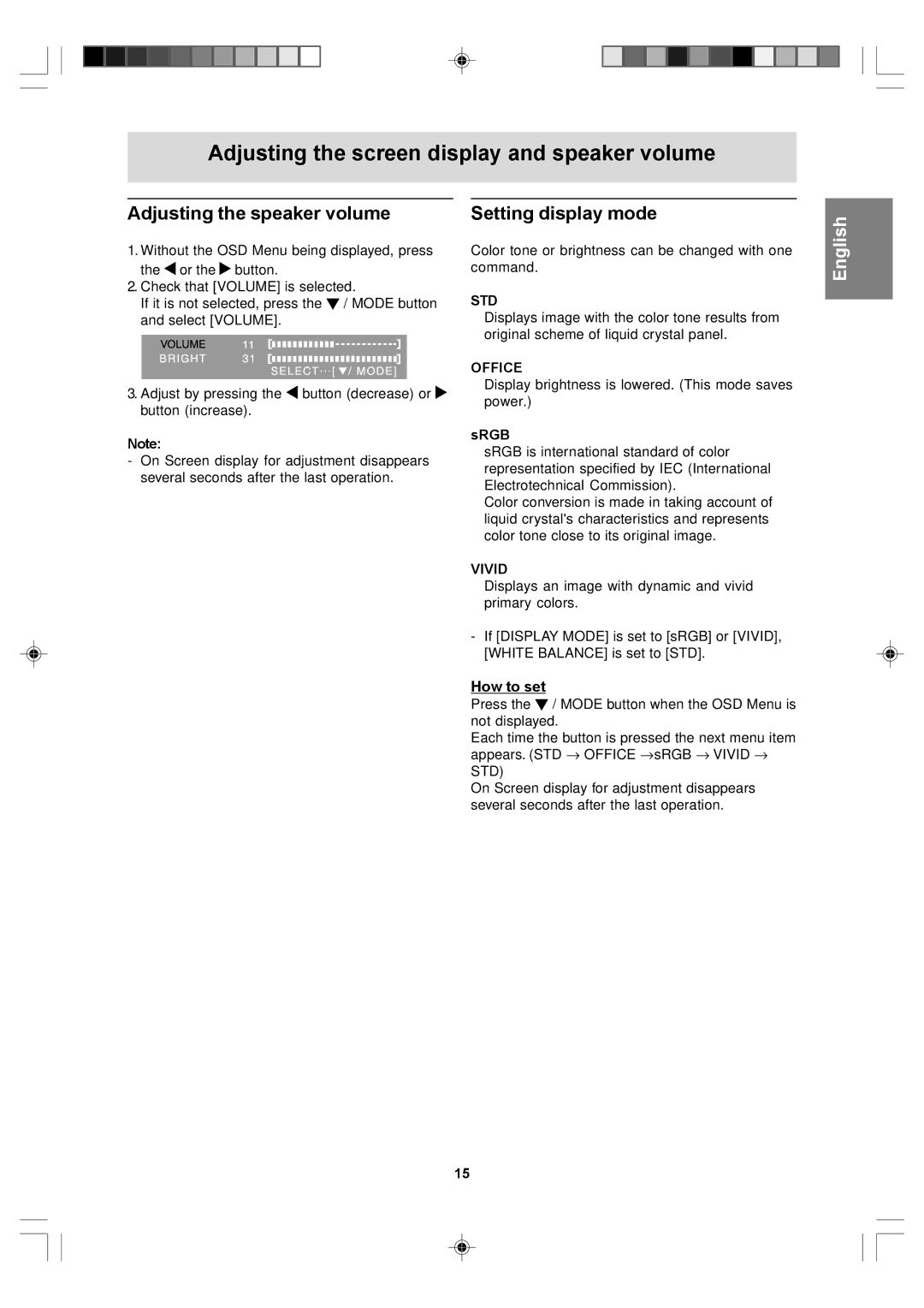 Sharp LL-T17D4 Adjusting the screen display and speaker volume, Adjusting the speaker volume, Setting display mode 