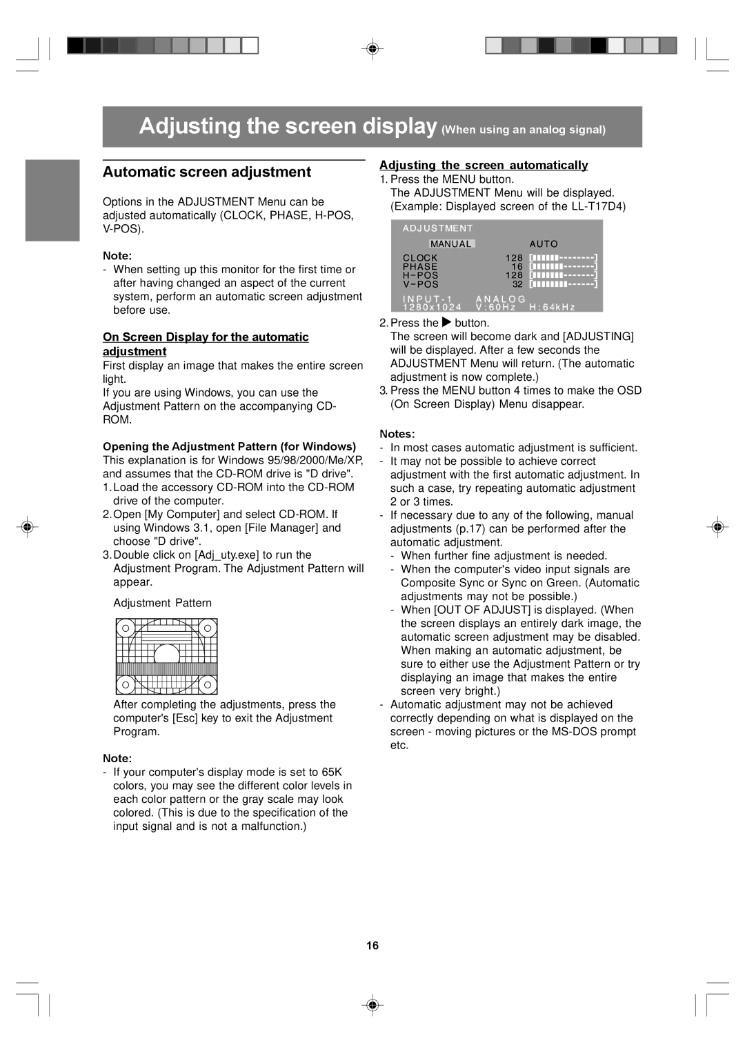 Sharp LL-T17A4, LL-T17D4 Adjusting the screen display When using an analog signal, Automatic screen adjustment 