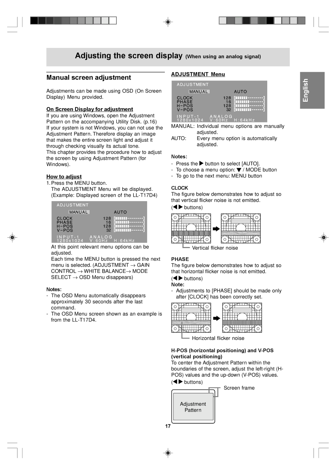 Sharp LL-T17D4 Adjusting the screen display When using an analog signal, Manual screen adjustment, Adjustment Menu 