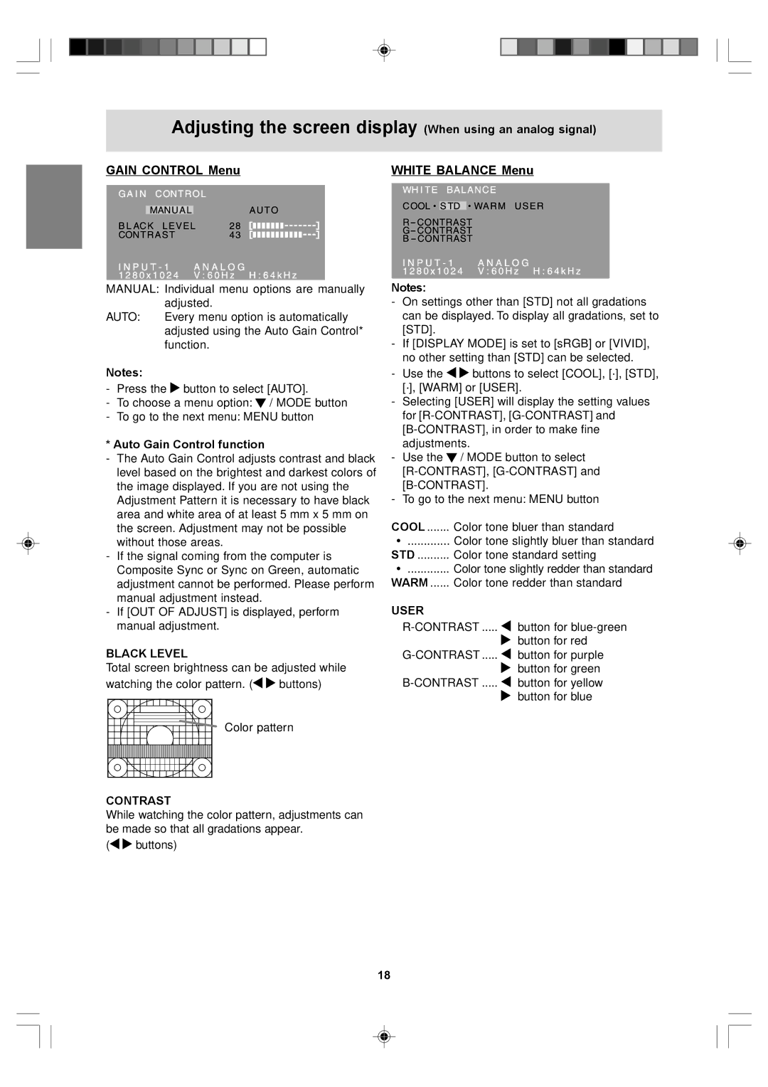 Sharp LL-T17A4, LL-T17D4 Gain Control Menu White Balance Menu, Auto Gain Control function, Black Level, Contrast, User 