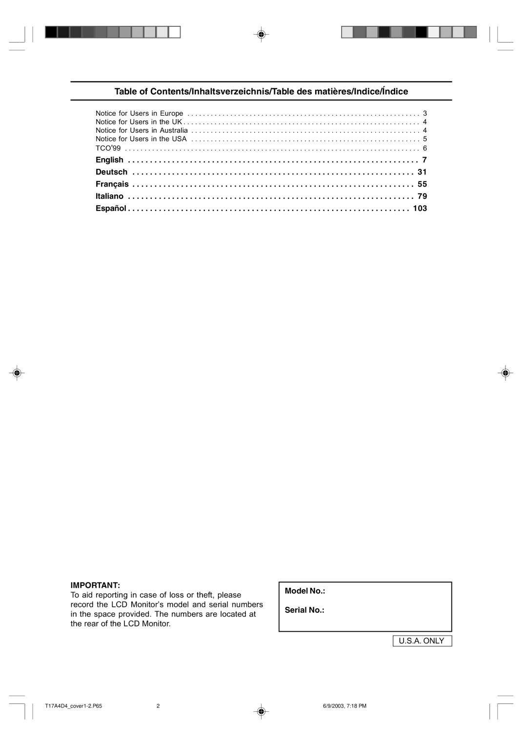 Sharp LL-T17A4, LL-T17D4 operation manual English Deutsch Français Italiano Español 