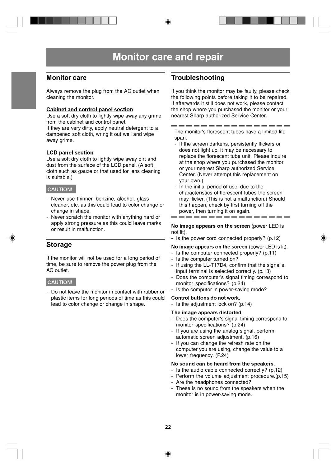 Sharp LL-T17A4, LL-T17D4 operation manual Monitor care and repair, Storage, Troubleshooting 