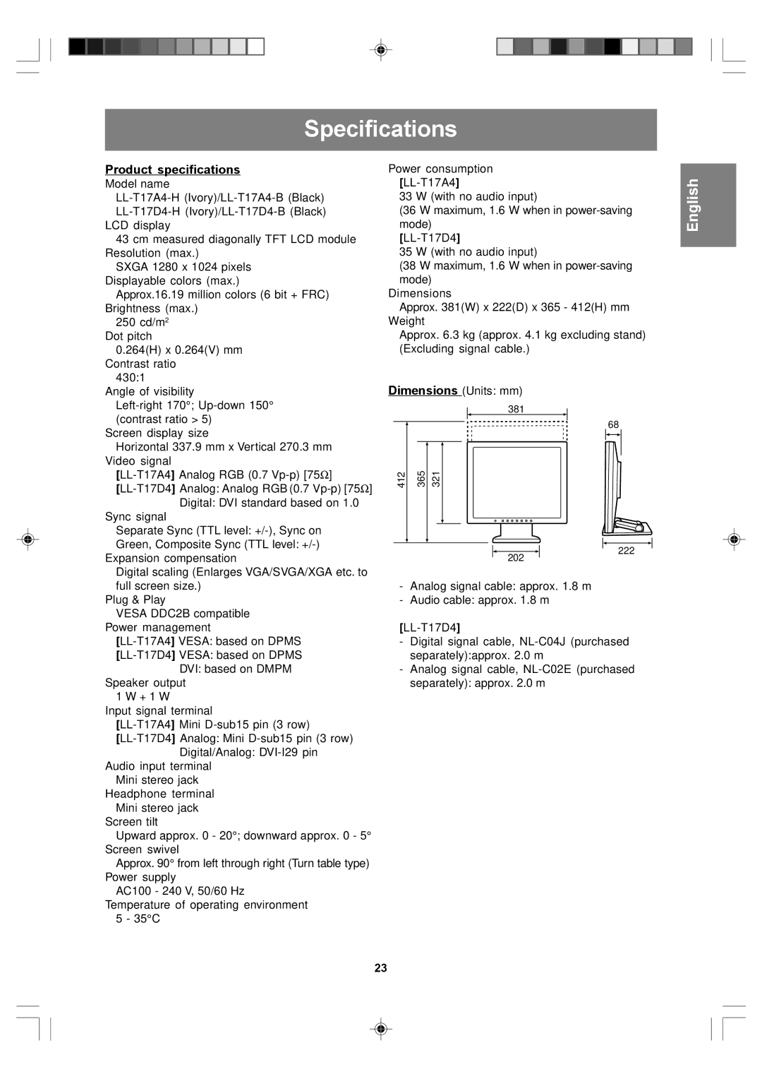 Sharp LL-T17D4, LL-T17A4 operation manual Specifications, Product specifications 