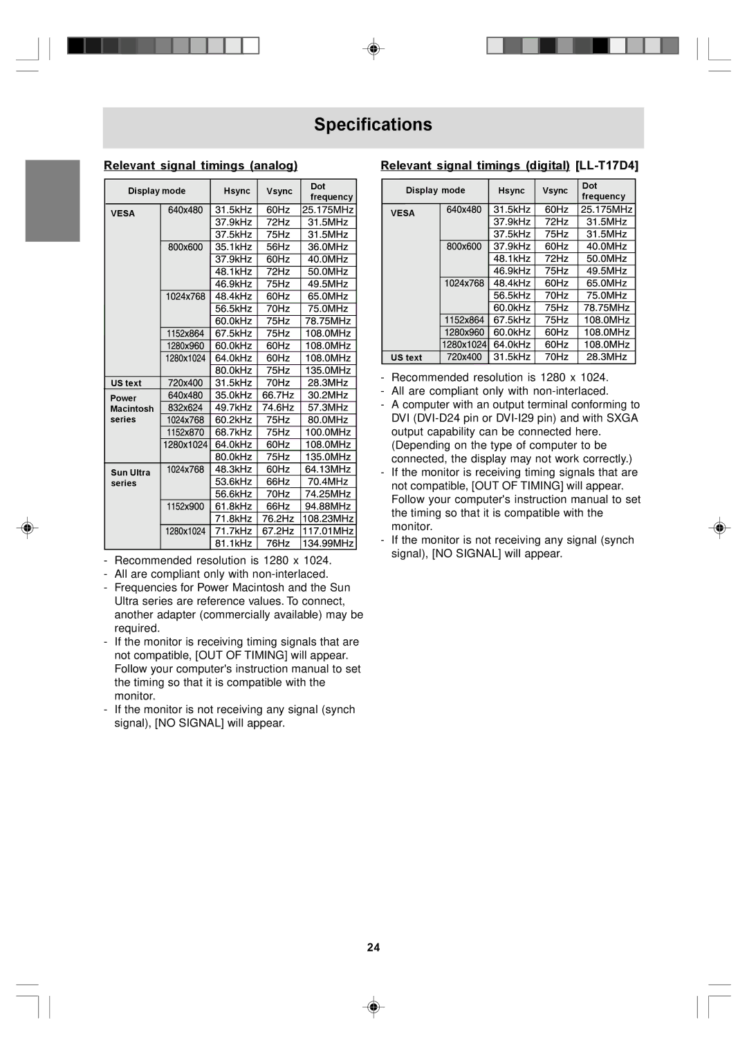 Sharp LL-T17A4 operation manual Specifications, Relevant signal timings analog, Relevant signal timings digital LL-T17D4 