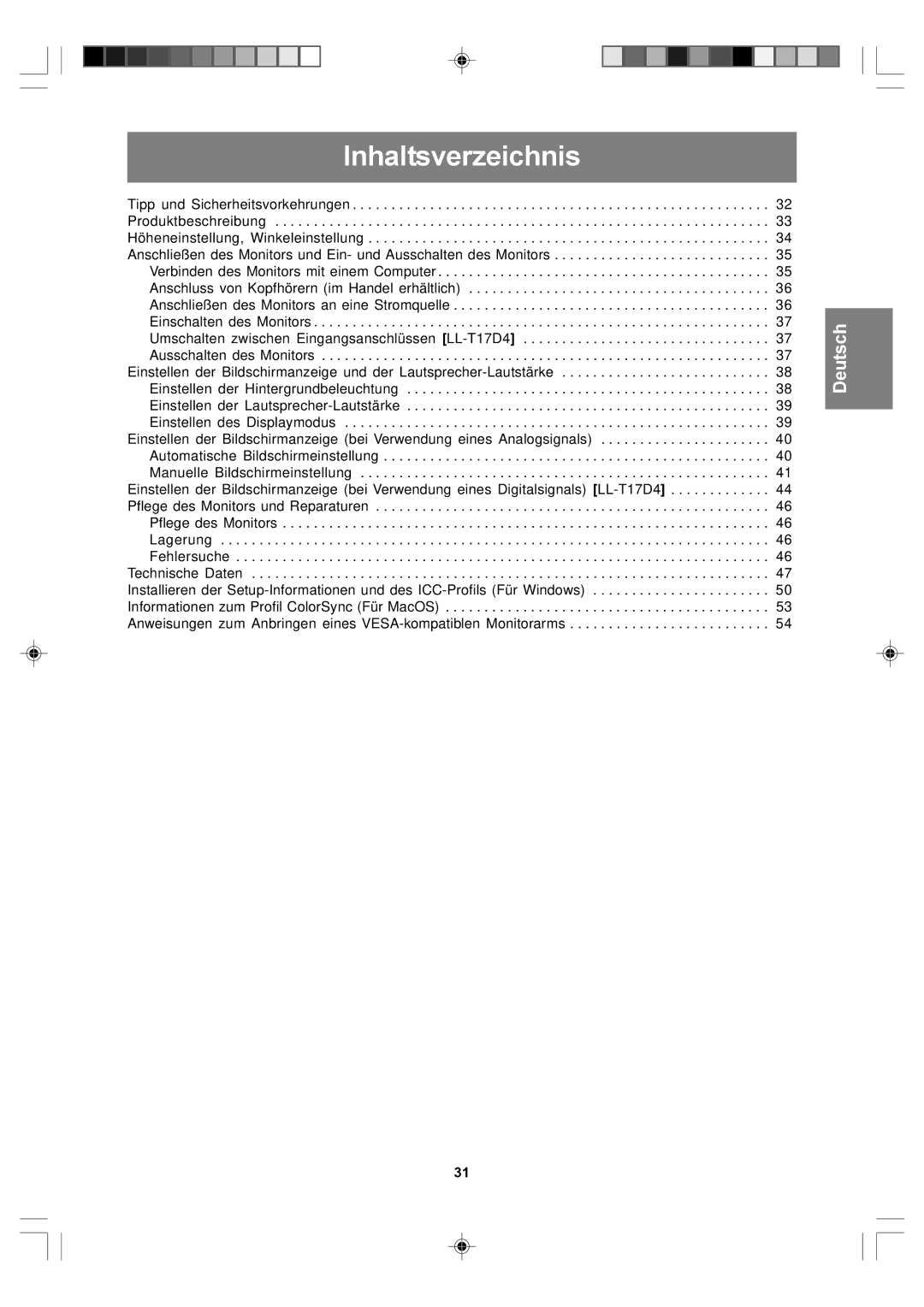 Sharp LL-T17D4, LL-T17A4 operation manual Inhaltsverzeichnis 