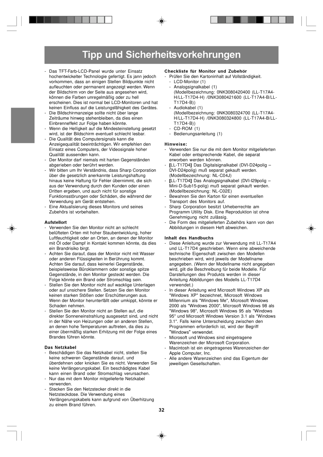 Sharp LL-T17A4, LL-T17D4 operation manual Tipp und Sicherheitsvorkehrungen, Aufstellort 