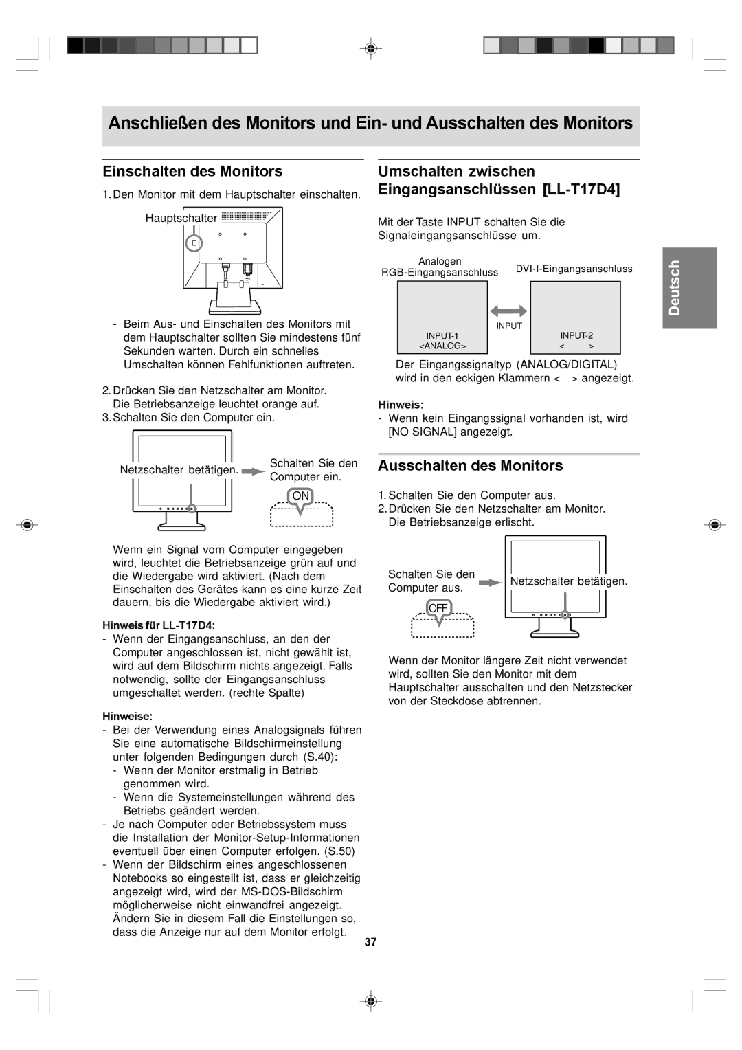 Sharp Einschalten des Monitors, Umschalten zwischen Eingangsanschlüssen LL-T17D4, Ausschalten des Monitors, Hinweise 