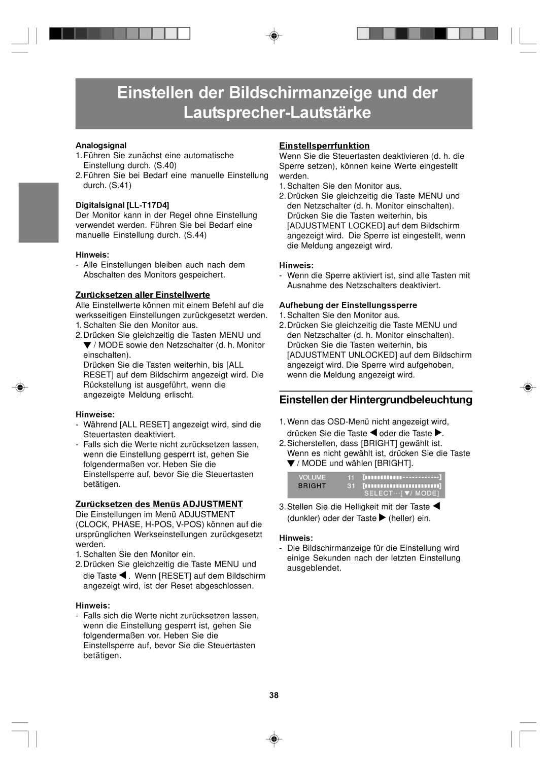 Sharp LL-T17A4, LL-T17D4 Einstellen der Hintergrundbeleuchtung, Zurücksetzen aller Einstellwerte, Einstellsperrfunktion 