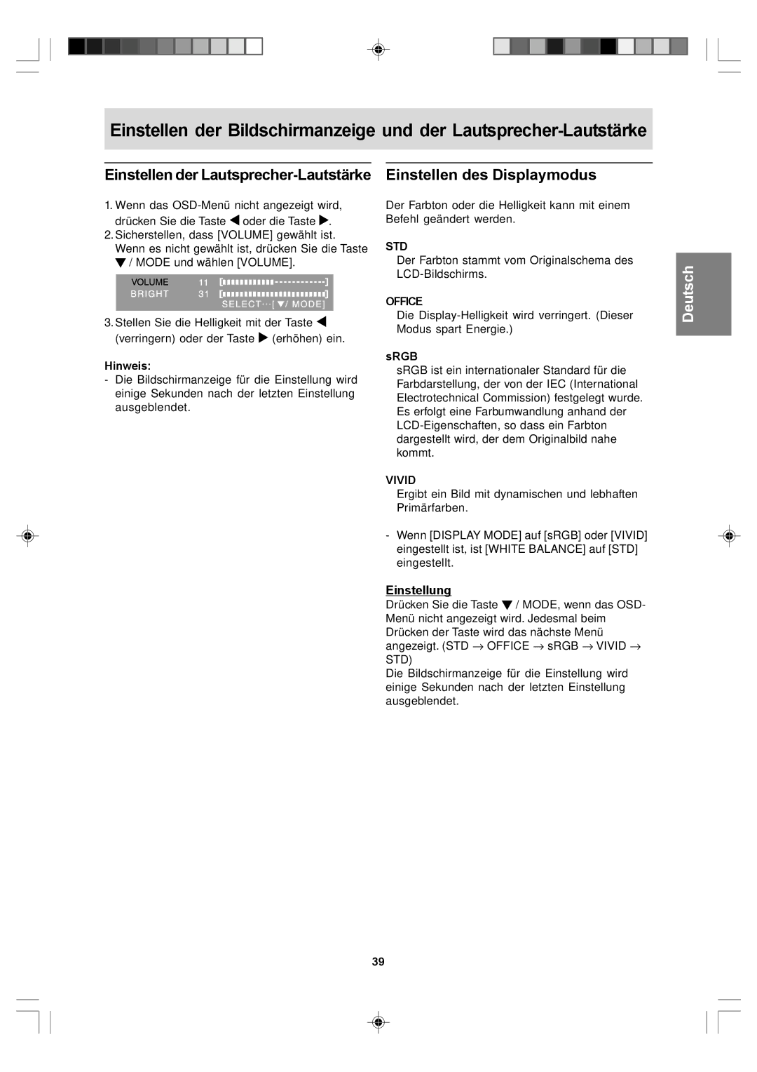 Sharp LL-T17D4, LL-T17A4 operation manual Einstellung, Std 