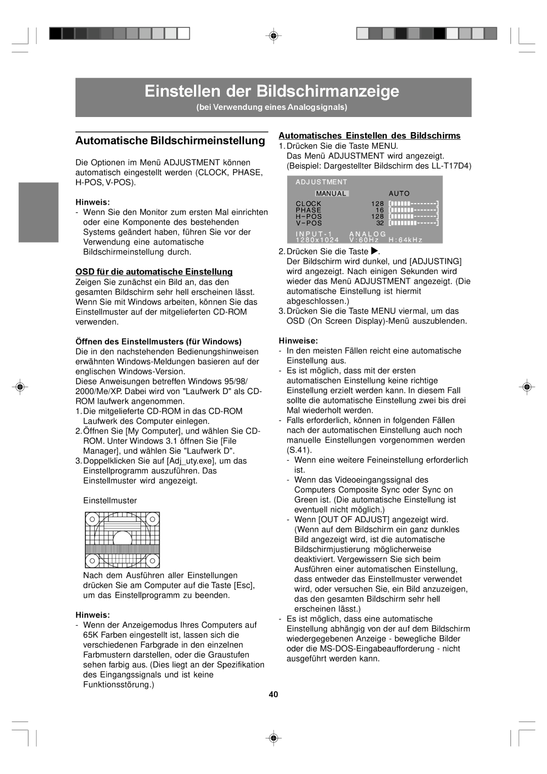 Sharp LL-T17A4 Einstellen der Bildschirmanzeige, Automatische Bildschirmeinstellung, OSD für die automatische Einstellung 