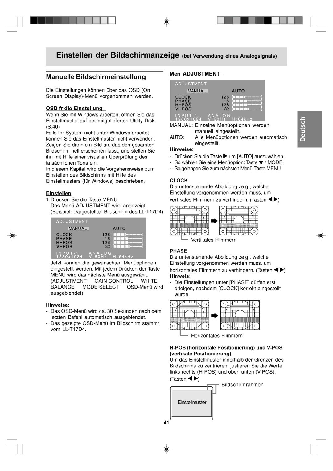 Sharp LL-T17D4, LL-T17A4 Manuelle Bildschirmeinstellung, Menü Adjustment, OSD für die Einstellung, Einstellen 