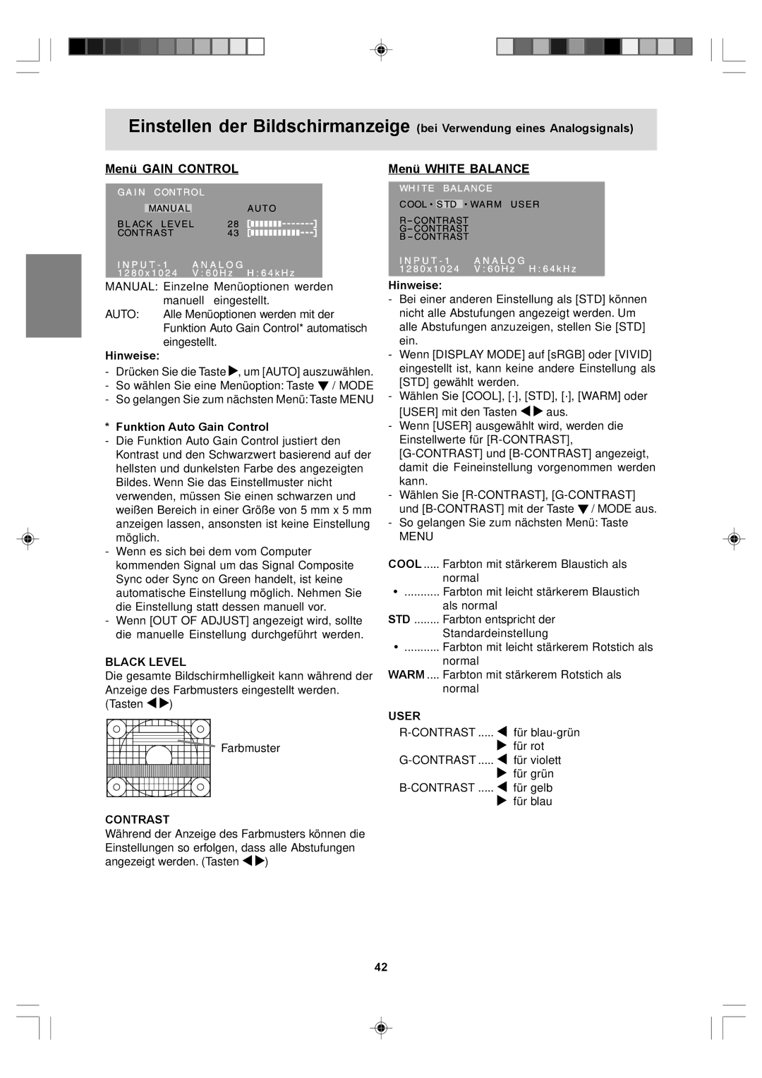 Sharp LL-T17A4, LL-T17D4 operation manual Menü Gain Control Menü White Balance, Funktion Auto Gain Control 