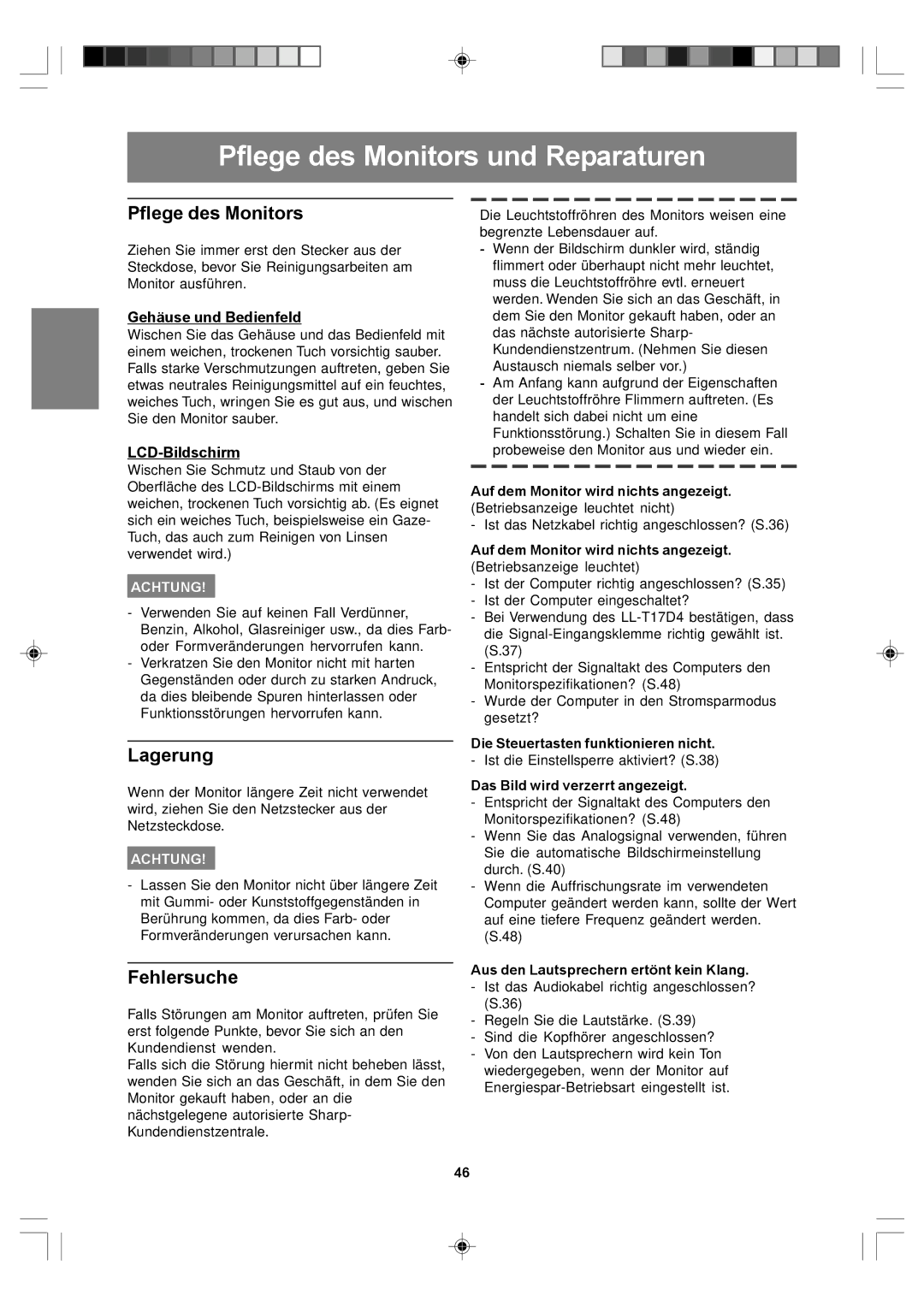 Sharp LL-T17A4, LL-T17D4 operation manual Pflege des Monitors und Reparaturen, Lagerung, Fehlersuche 