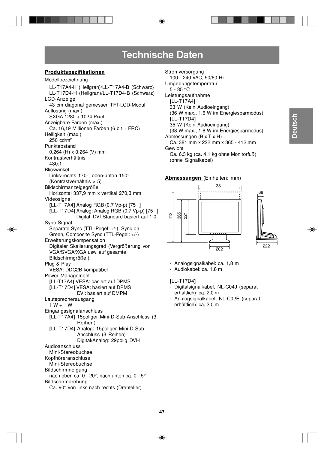 Sharp LL-T17D4, LL-T17A4 operation manual Technische Daten, Produktspezifikationen 