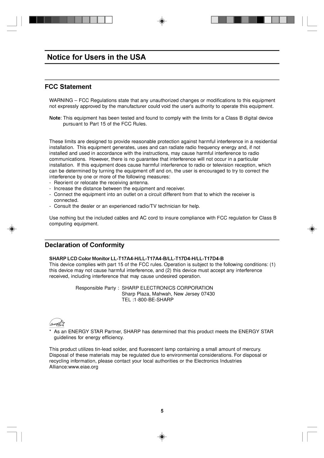 Sharp LL-T17D4, LL-T17A4 operation manual FCC Statement, Declaration of Conformity 