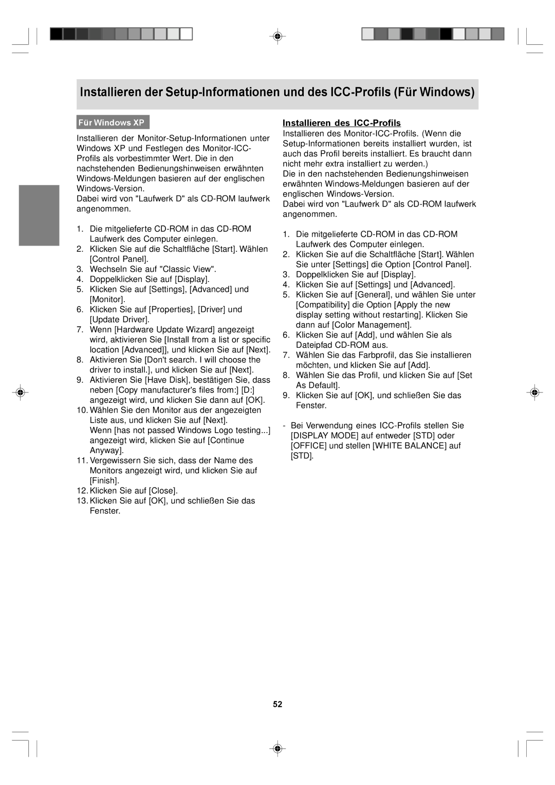 Sharp LL-T17A4, LL-T17D4 operation manual Installieren des ICC-Profils, Für Windows XP 