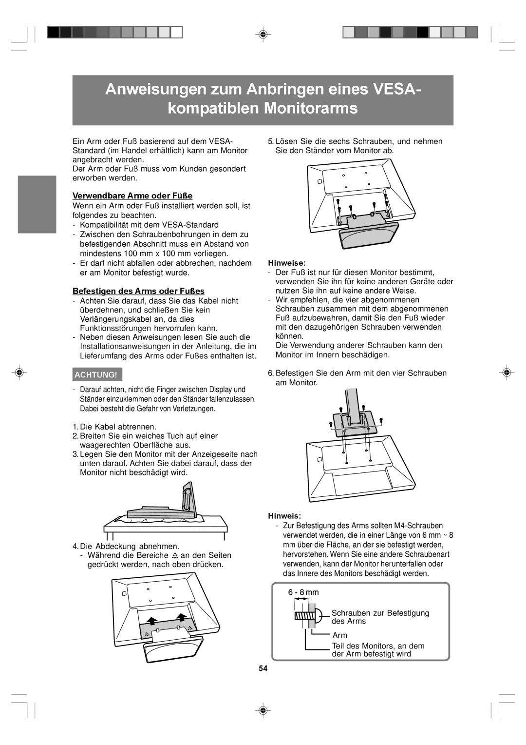 Sharp LL-T17A4, LL-T17D4 operation manual Verwendbare Arme oder Füße, Befestigen des Arms oder Fußes 