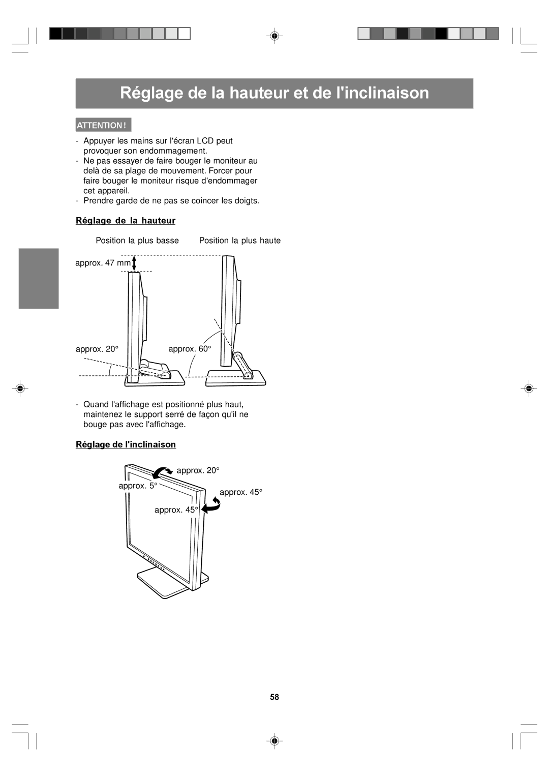 Sharp LL-T17A4, LL-T17D4 operation manual Réglage de la hauteur et de linclinaison, Réglage de linclinaison 