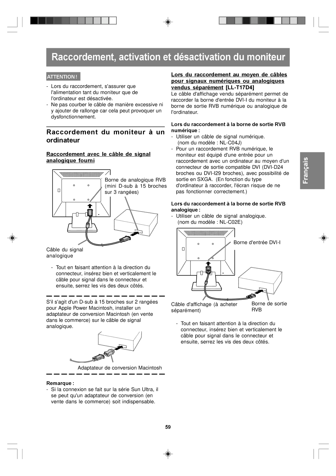 Sharp LL-T17D4, LL-T17A4 Raccordement, activation et désactivation du moniteur, Raccordement du moniteur à un ordinateur 