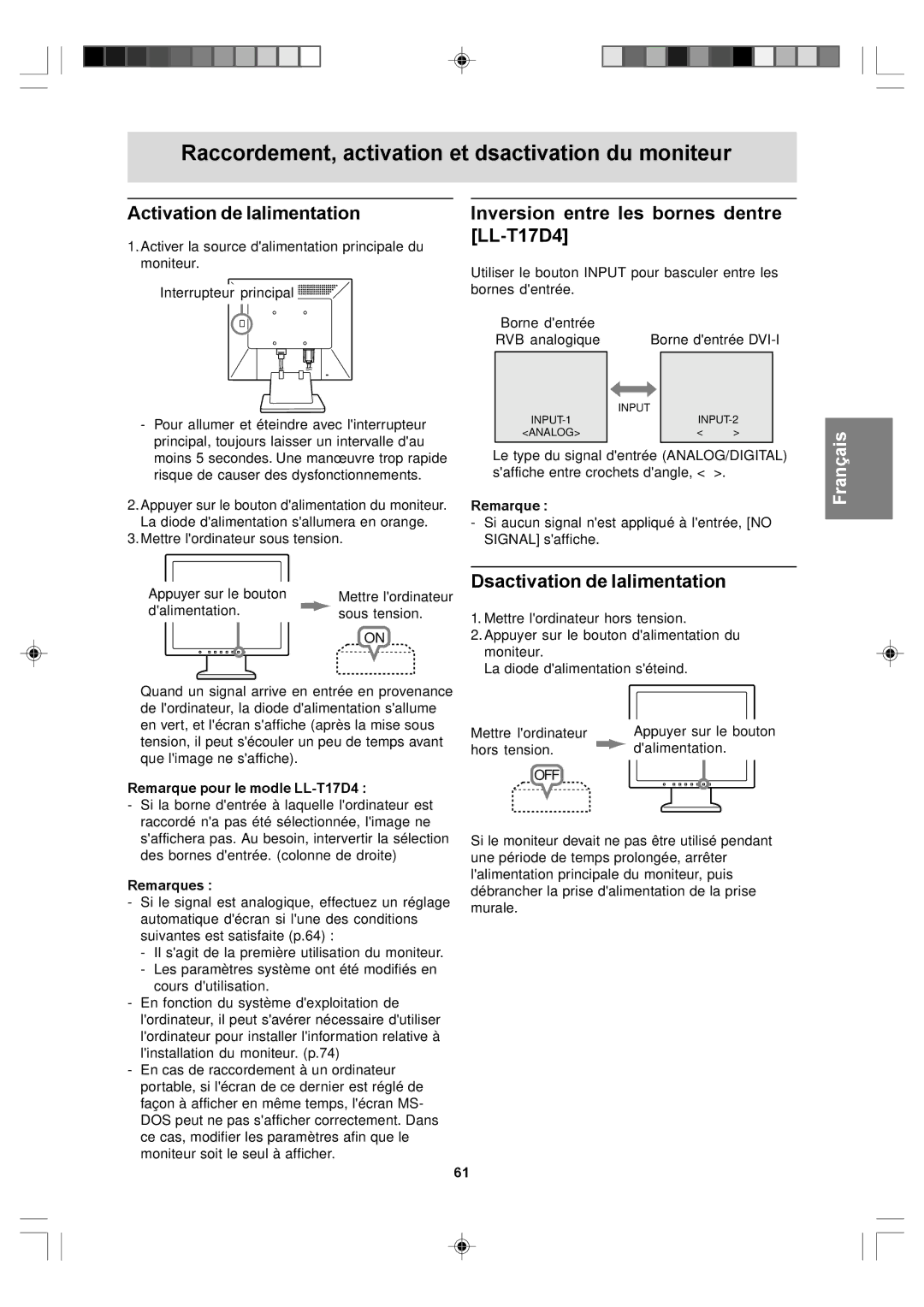 Sharp Activation de lalimentation, Inversion entre les bornes dentrée LL-T17D4, Désactivation de lalimentation 