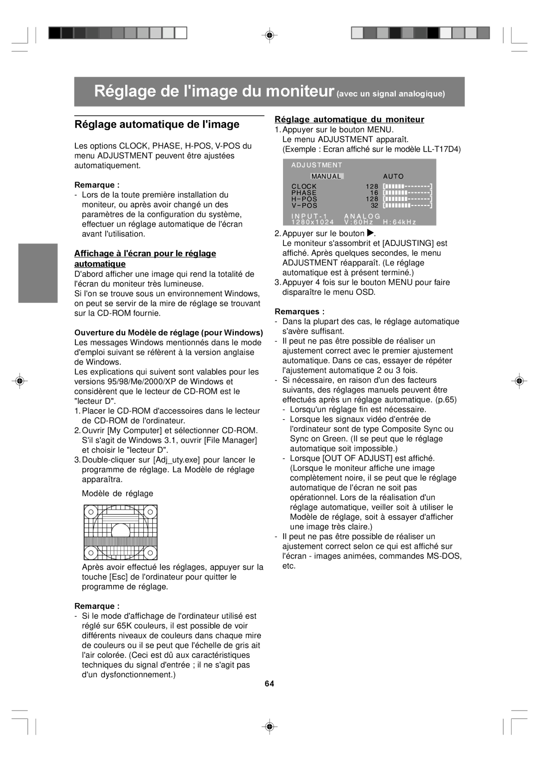 Sharp LL-T17A4, LL-T17D4 Réglage de limage du moniteur avec un signal analogique, Réglage automatique de limage 