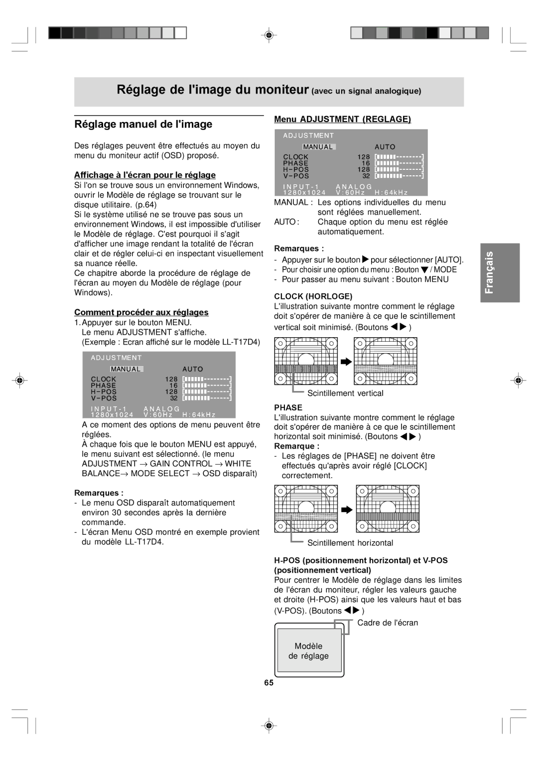 Sharp LL-T17D4 Réglage de limage du moniteur avec un signal analogique, Réglage manuel de limage, Menu Adjustment Reglage 