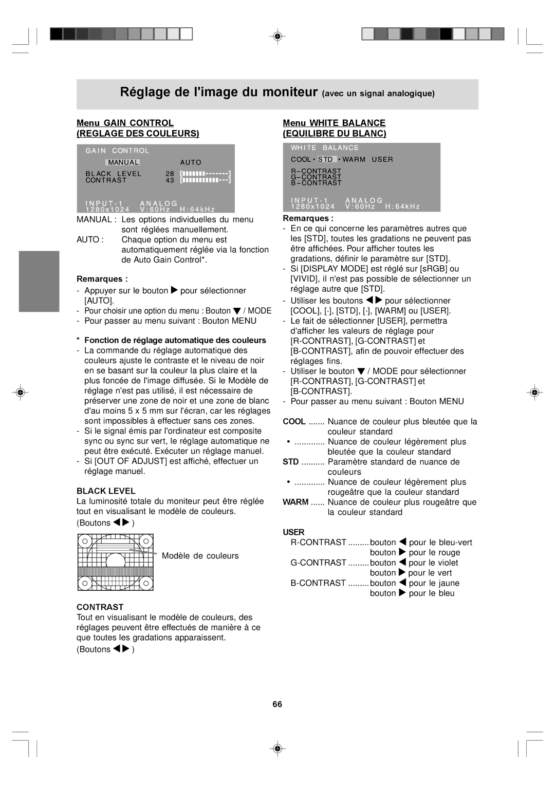 Sharp LL-T17A4, LL-T17D4 operation manual Menu Gain Control Menu White Balance, Fonction de réglage automatique des couleurs 