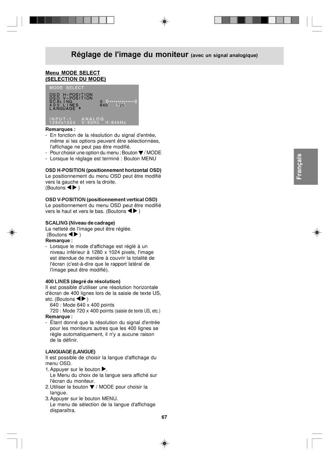 Sharp LL-T17D4 Menu Mode Select Selection DU Mode, OSD V-POSITION positionnement vertical OSD, Scaling Niveau de cadrage 