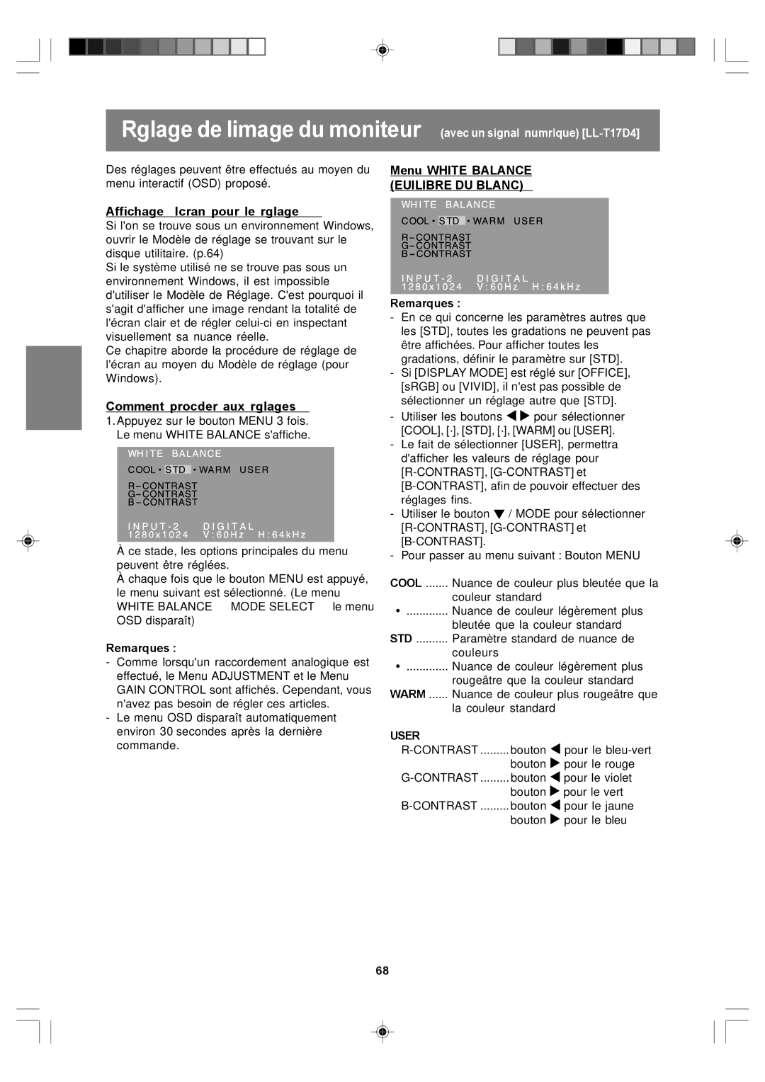 Sharp LL-T17A4, LL-T17D4 operation manual Affichage à lécran pour le réglage, Menu White Balance Equilibre DU Blanc 