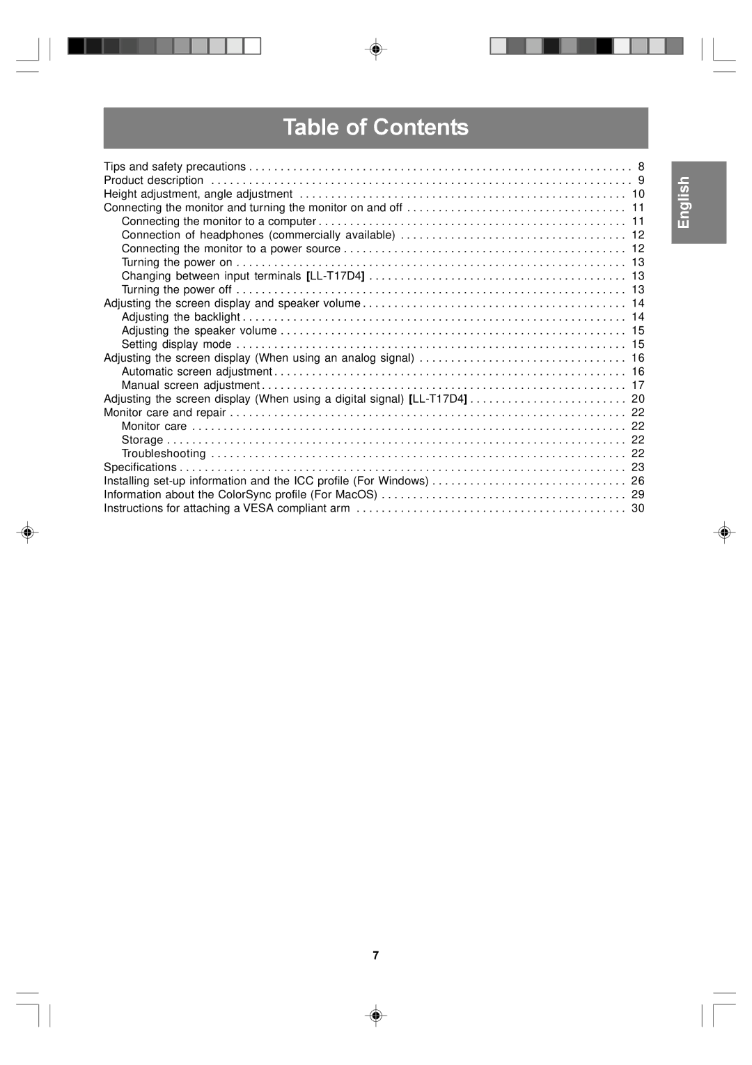 Sharp LL-T17D4, LL-T17A4 operation manual Table of Contents 