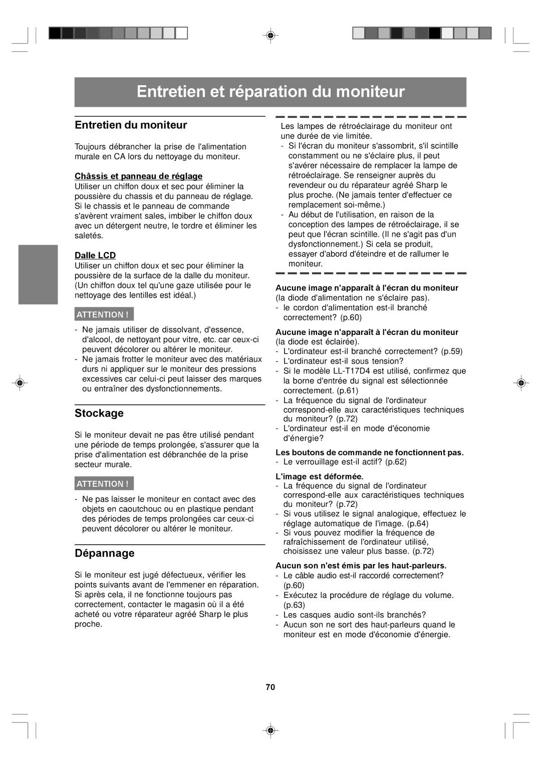 Sharp LL-T17A4, LL-T17D4 operation manual Entretien et réparation du moniteur, Entretien du moniteur, Stockage, Dépannage 