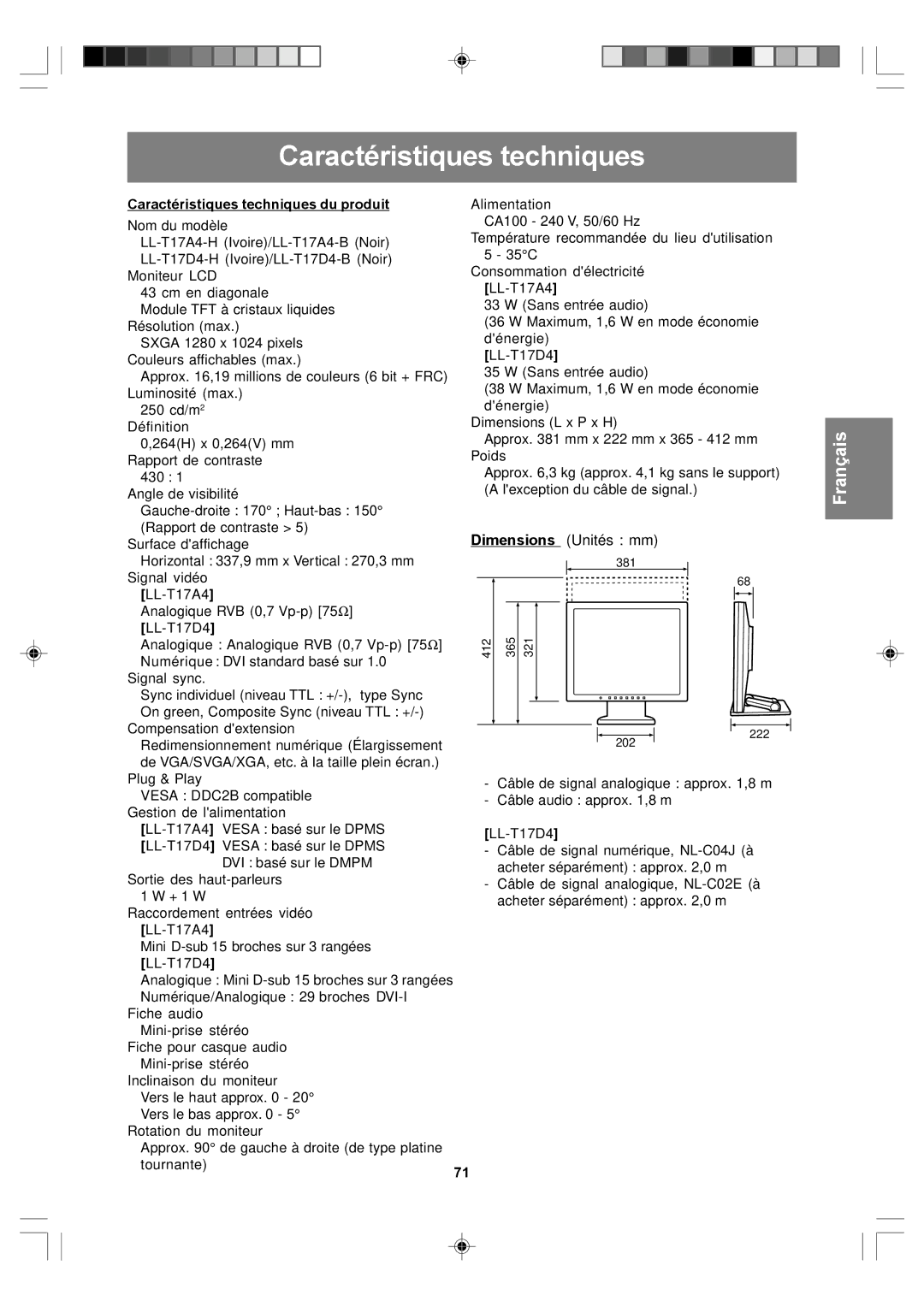 Sharp LL-T17D4, LL-T17A4 operation manual Caractéristiques techniques du produit 