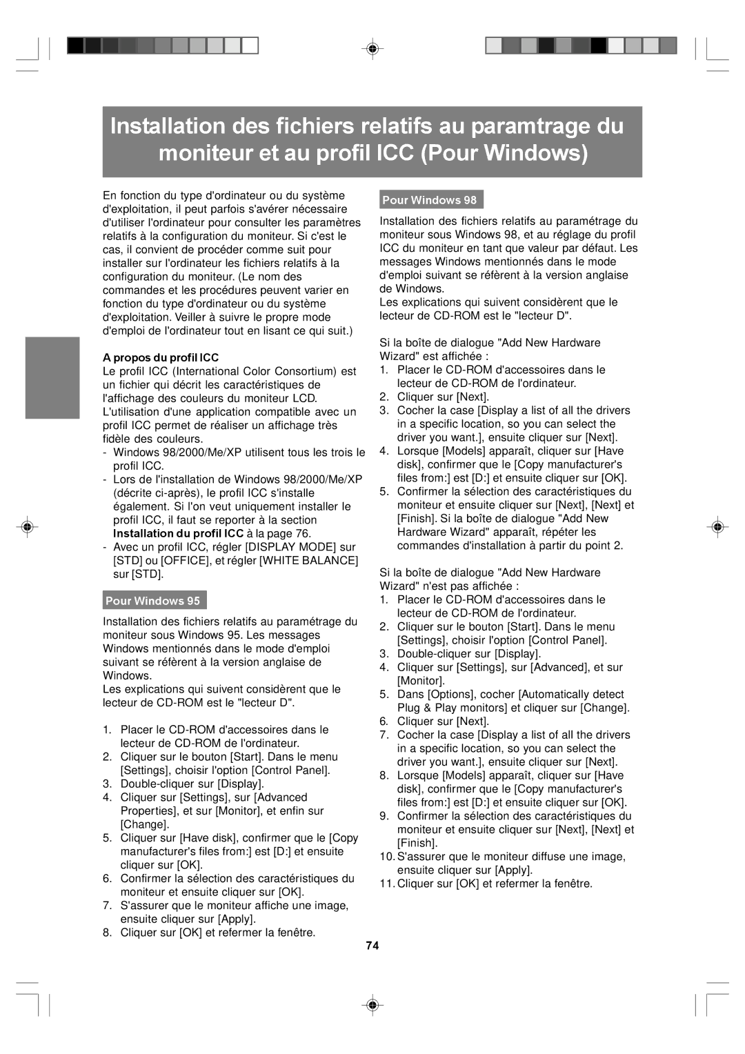 Sharp LL-T17A4, LL-T17D4 operation manual Propos du profil ICC, Installation du profil ICC à la, Pour Windows 