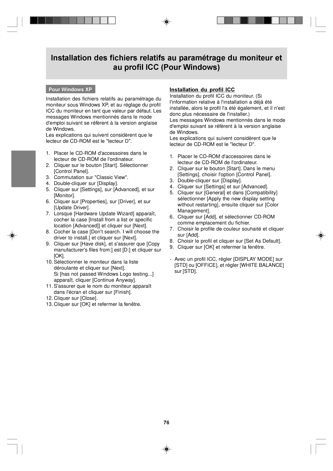 Sharp LL-T17A4, LL-T17D4 operation manual Installation du profil ICC, Pour Windows XP 