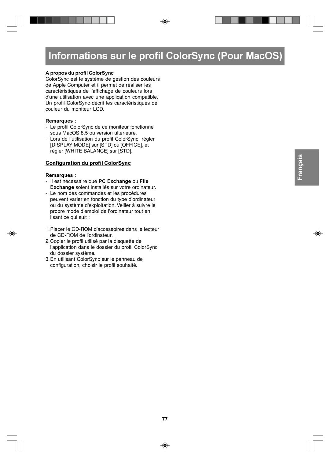 Sharp LL-T17D4, LL-T17A4 operation manual Informations sur le profil ColorSync Pour MacOS, Configuration du profil ColorSync 