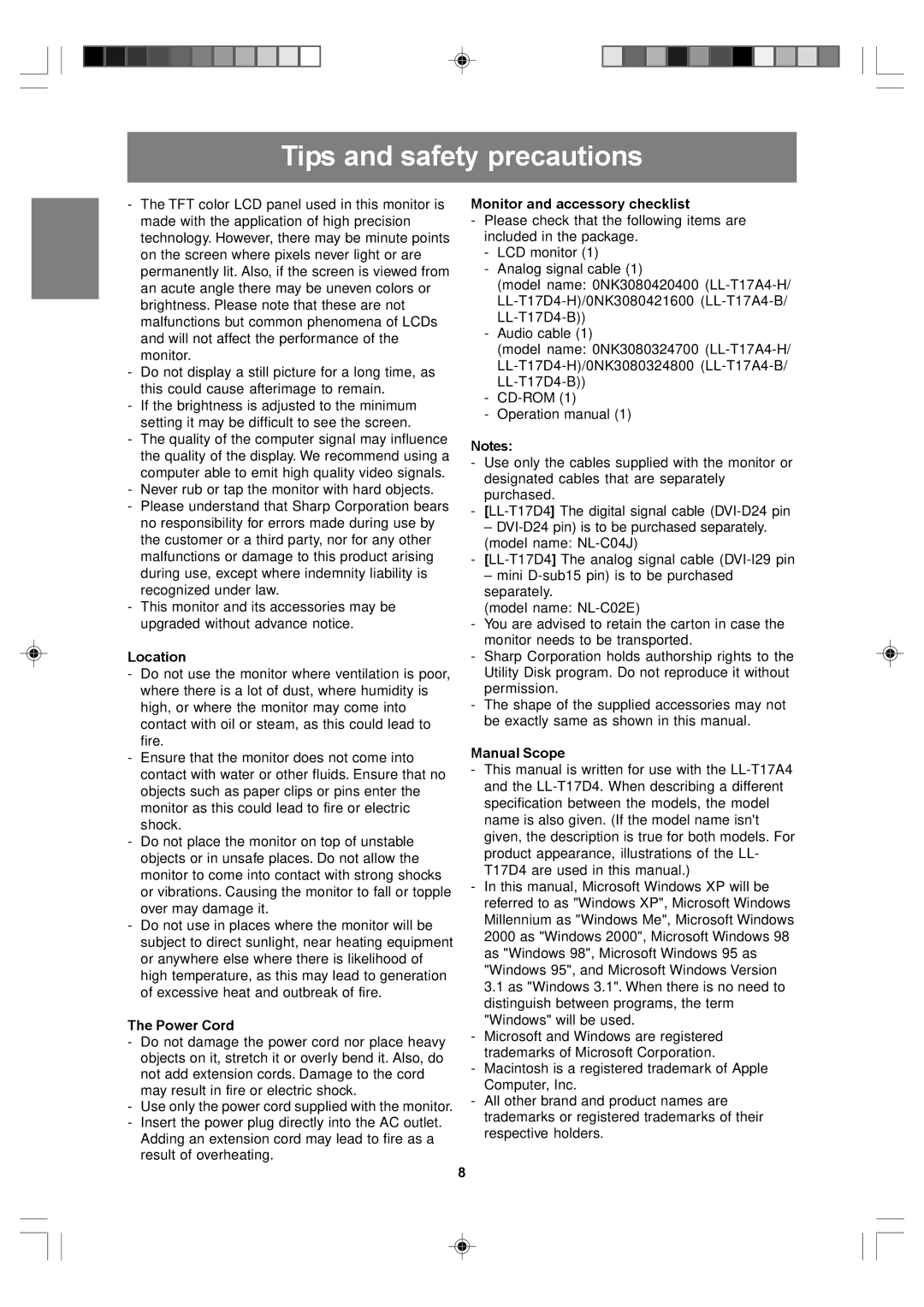 Sharp LL-T17A4, LL-T17D4 Tips and safety precautions, Location, Power Cord, Monitor and accessory checklist, Manual Scope 