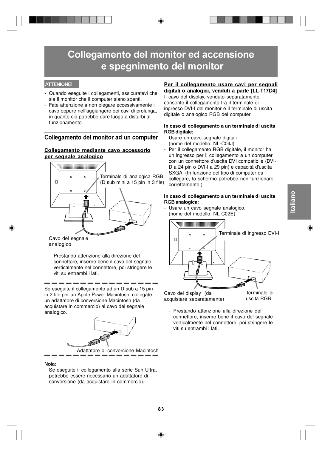 Sharp LL-T17D4, LL-T17A4 operation manual Collegamento mediante cavo accessorio per segnale analogico, Nota 