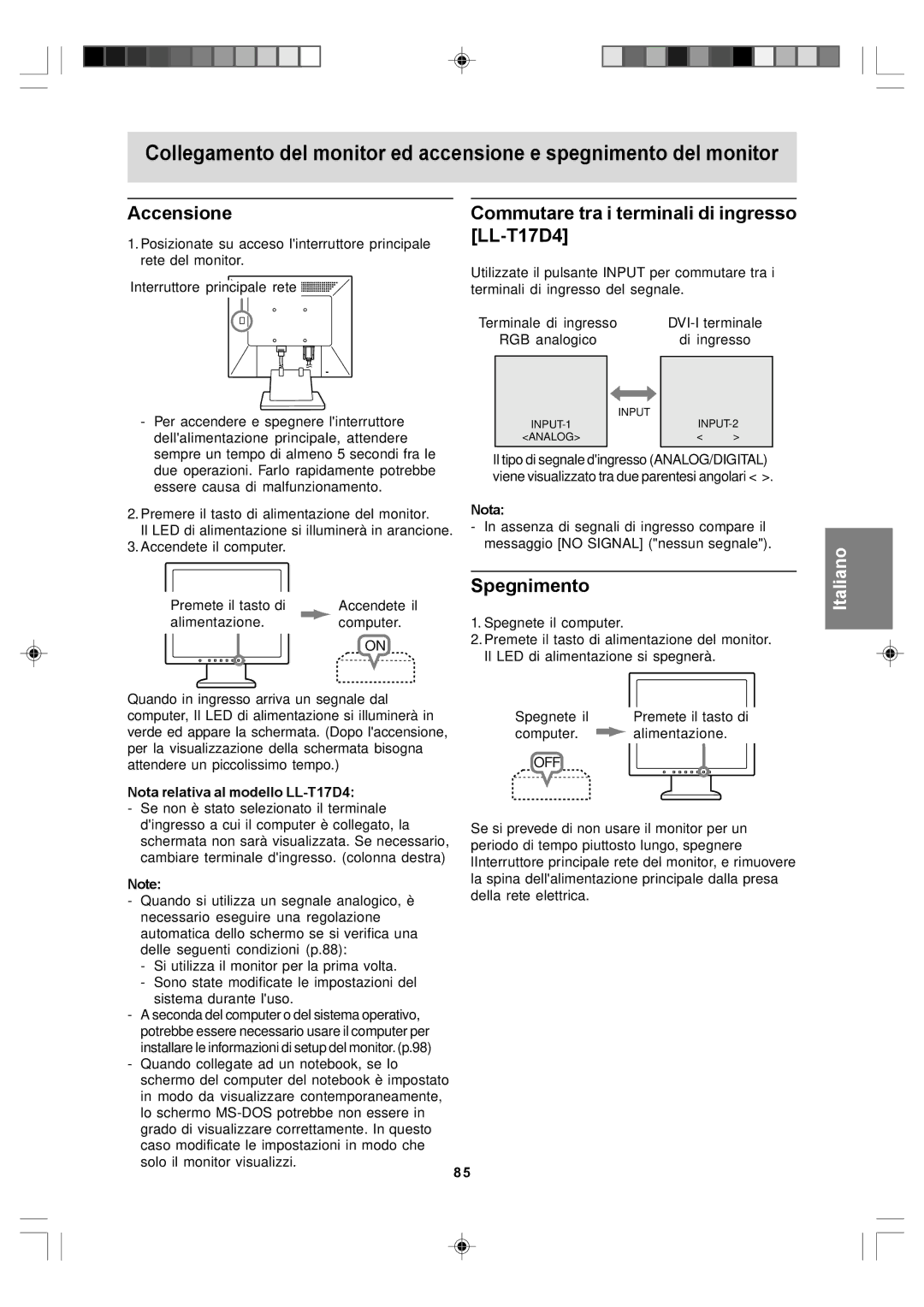 Sharp Accensione, Commutare tra i terminali di ingresso LL-T17D4, Spegnimento, Nota relativa al modello LL-T17D4 