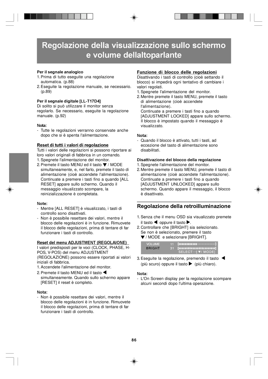 Sharp LL-T17A4, LL-T17D4 operation manual Regolazione della retroilluminazione, Reset di tutti i valori di regolazione 