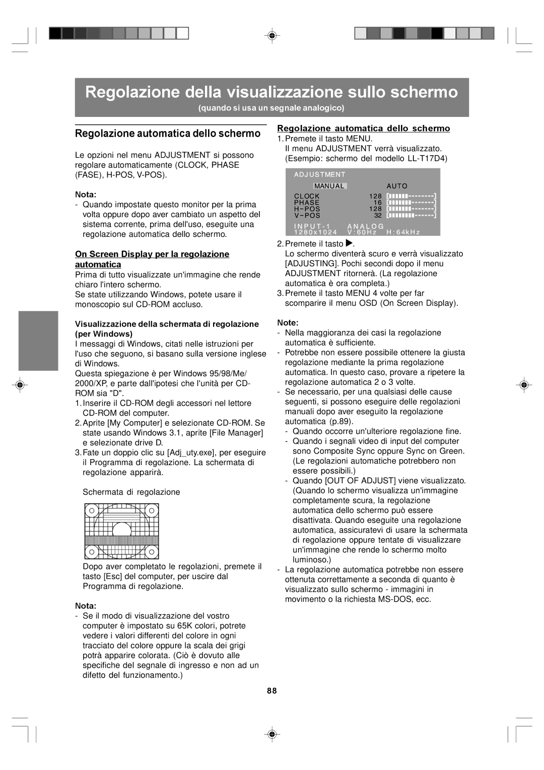 Sharp LL-T17A4, LL-T17D4 Regolazione della visualizzazione sullo schermo, On Screen Display per la regolazione automatica 