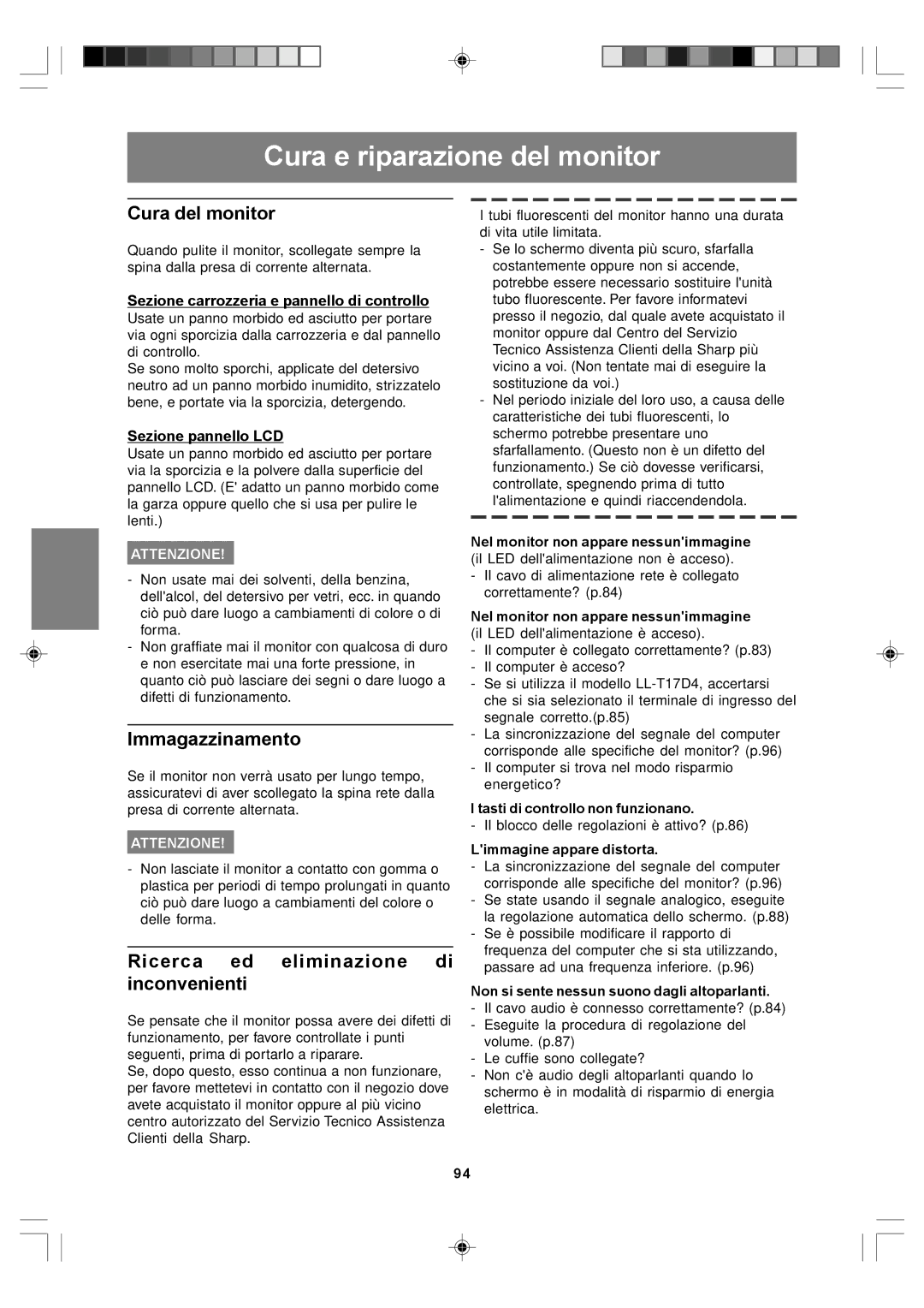 Sharp LL-T17A4, LL-T17D4 operation manual Cura e riparazione del monitor, Cura del monitor, Immagazzinamento 